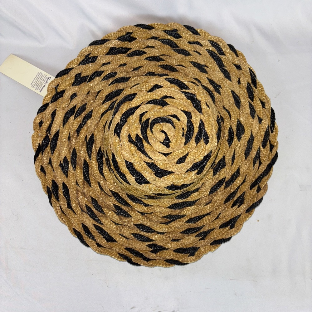 NWT Woven Straw Hat Wide Brim Black Animal Print Beach Casual Sun Hat NEW - Picture 8 of 11